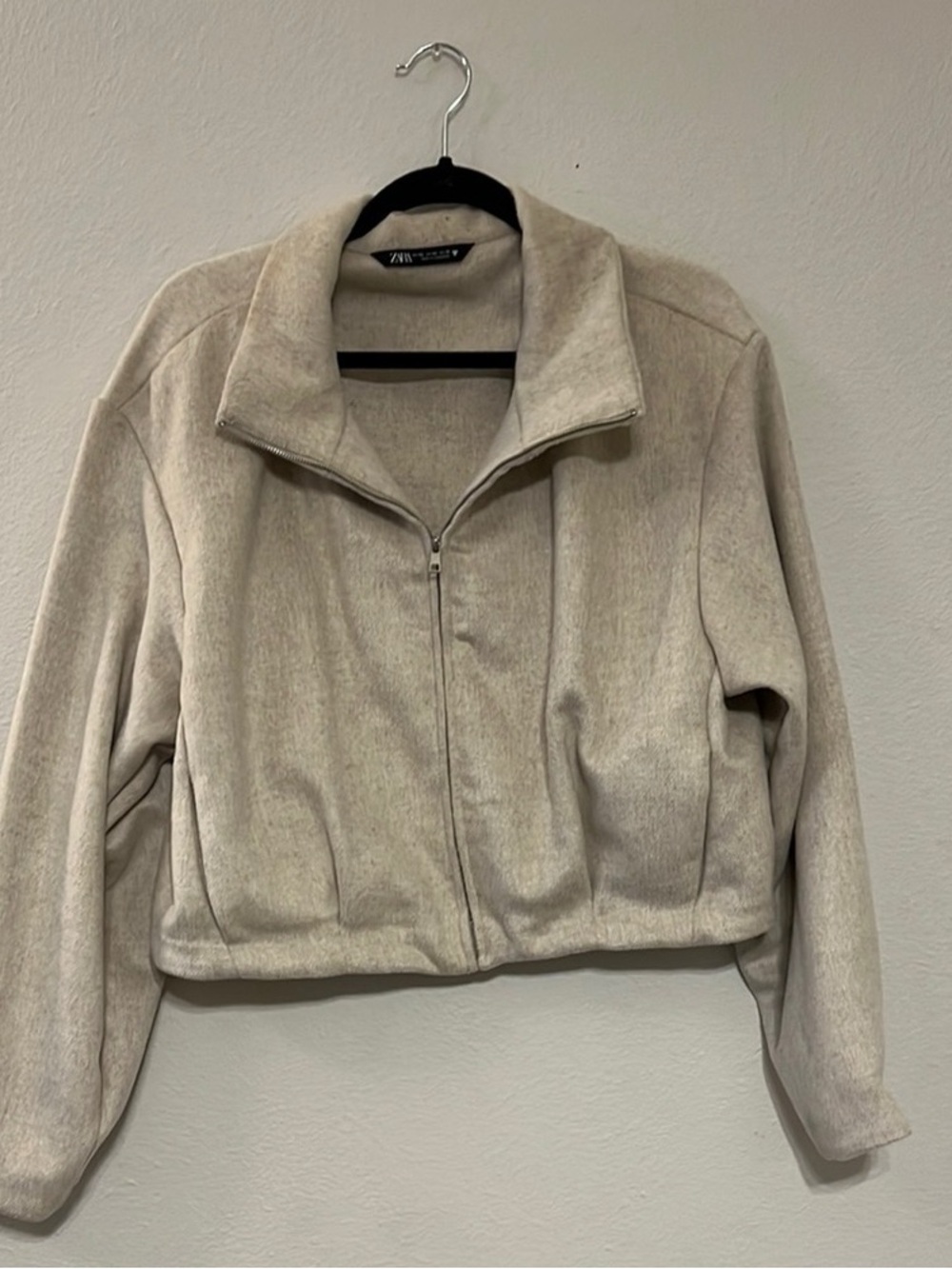Zara Neutral Cream Short Zip-Up Bomber Jacket